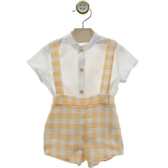 BOYS YELLOW PLAIS SHORT AND SUSPENDERS WITH SHIRT SET