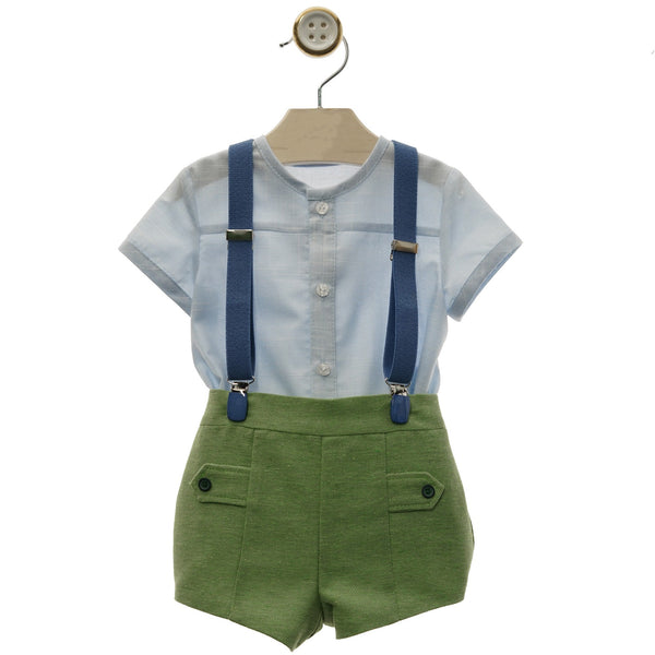 BOYS GREEN SHORT WITH SUSPENDERS AND LIGHT BLUE SHIRT SET