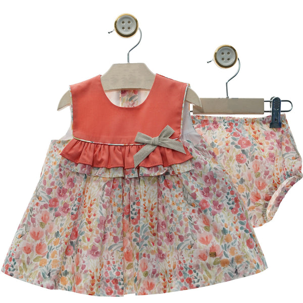 GIRLS CORAL FLORAL PRINT SHORT DRESS WITH BLOOMERS