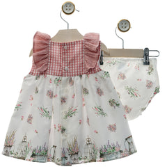 GIRL PLAID AND LAVENDER FLOWERS PRINT DRESS WITH BLOOMERS
