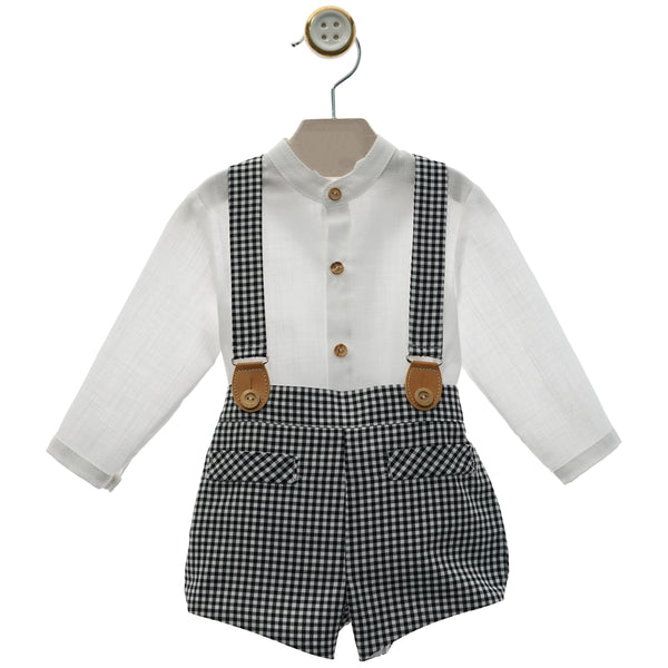 BOYS VICHY SHORT WITH SUSPENDER AND LONG SLEEVE MAO COLLAR SHIRT