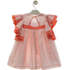 GIRLS CORAL RUFFLE SLEEVE AND STRIPES DRESS