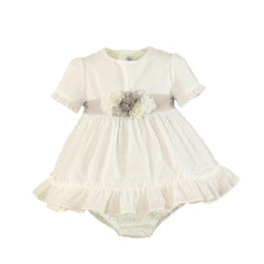 BABY IVORY ELEGANT PLUMETI DRESS WITH FLORAL APPLIQUE
