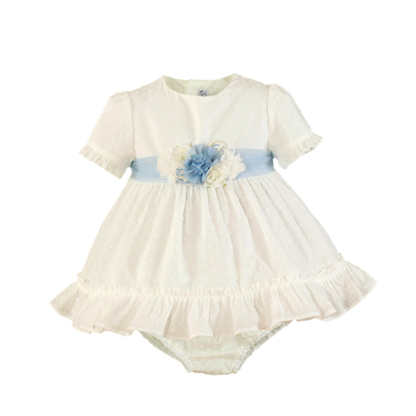 BABY IVORY ELEGANT PLUMETI DRESS WITH FLORAL APPLIQUE