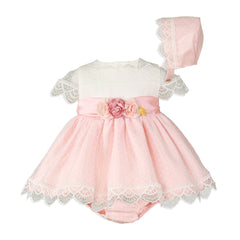 Baby girls lace and floral appliques  dress with bloomer and bonnet