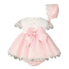 Baby girls lace and floral appliques  dress with bloomer and bonnet