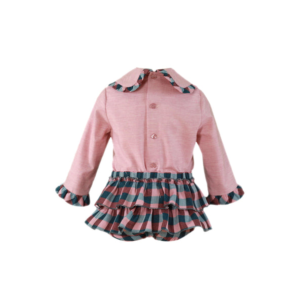 BABY GIRL PINK BLOUSE WITH RUFFLE PLAID BOMBACHO