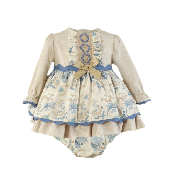 BABY GIRL LONG SLEEVE RUFFLE AND FLORAL DRESS WITH BLOOMER
