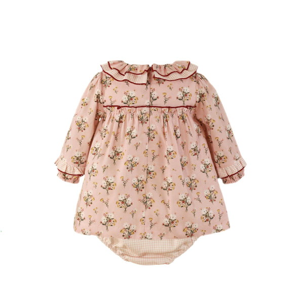 BABY GIRL FLORAL VICHY LONG SLEEVE DRESS WITH BLOOMER