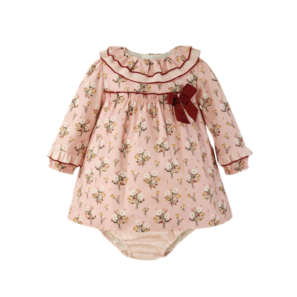 BABY GIRL FLORAL VICHY LONG SLEEVE DRESS WITH BLOOMER