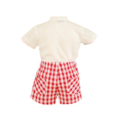 RED PLAID SHORT WITH MAO COLLAR SHIRT
