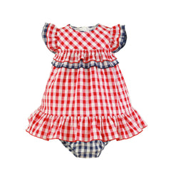 BABY GIRL RED PLAIS DRESS WITH BLOOMER SET