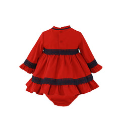 BABY GIRL LONG SLEEVE WITH MARINE DETAIL RED SHORT DRESS WITH BLOOMER