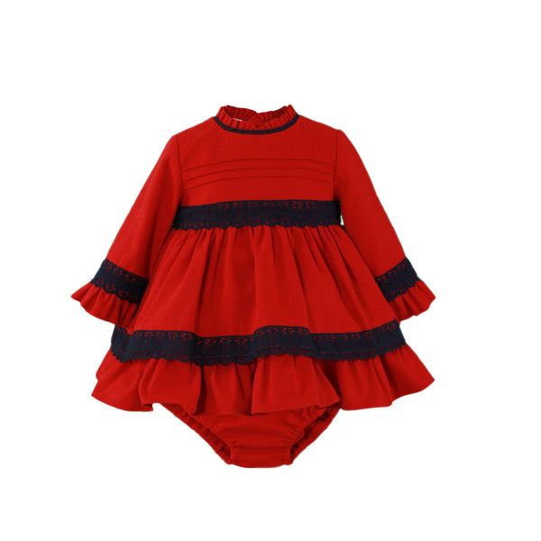 BABY GIRL LONG SLEEVE WITH MARINE DETAIL RED SHORT DRESS WITH BLOOMER
