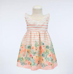 Girls striped and floral print with ruffle collar dress