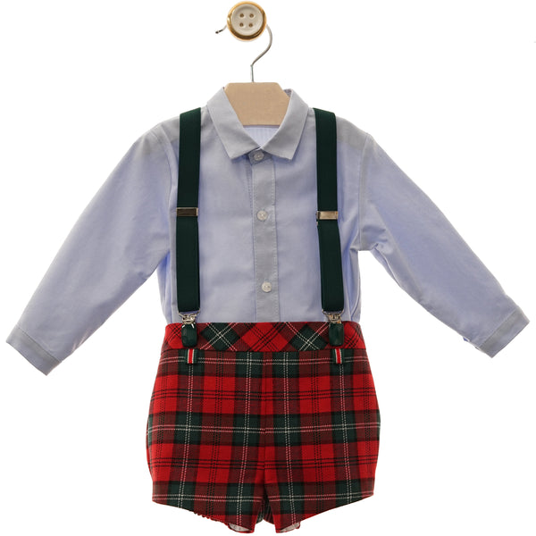 BABY BOY  RED PLAID SHORTS PANTS WITH SUSPENDERS AND LONG SLEEVE SHIRT MICKEY SET