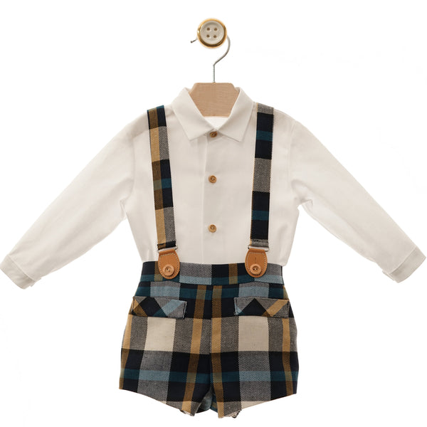 BABY BOY BLUE PLAID SHORT WITH SUSPENDERS AND LONG SLEVE WHITE SHIRT MINNIE SET