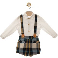 BABY BOY BLUE PLAID SHORT WITH SUSPENDERS AND LONG SLEVE WHITE SHIRT MINNIE SET