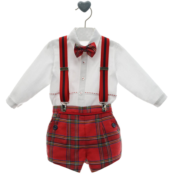 BOY HOLIDAY PRINT SUSPENDERS SHORT AND BOW TIE  WITH SHIRT SET