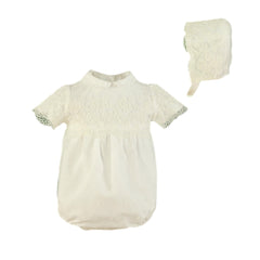 BABY ROMPER WITH COLLAR AND BONNET LACE DETAILS