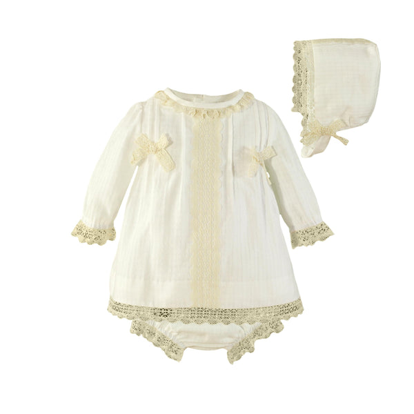 BABY GIRL IVORY WITH BEIGE LACE DETAILS DRESS