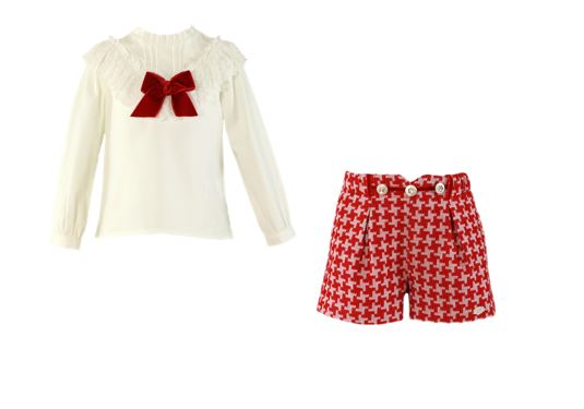 GIRL BLOUSE WITH BOW DETAILS AND HOUNDSTOOTH SHORT SET
