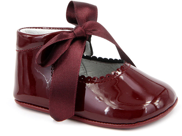 Baby Girls patent tie soft wine shoes