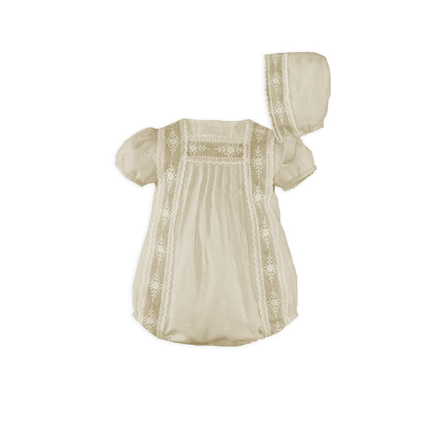 Baby beige lace details romper with bonnet set