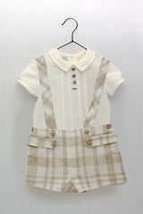 BOY SUSPENDER PLAID PRINT SHORT AND SHIRT WITH FOLDS PLEATED