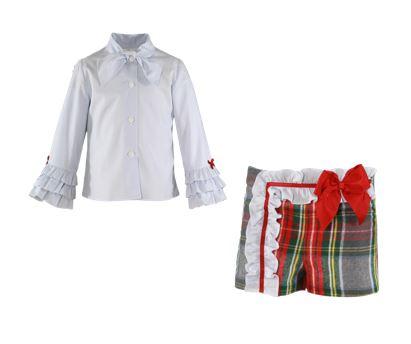 Girls red green plaid short and long sleeve  bow shirt