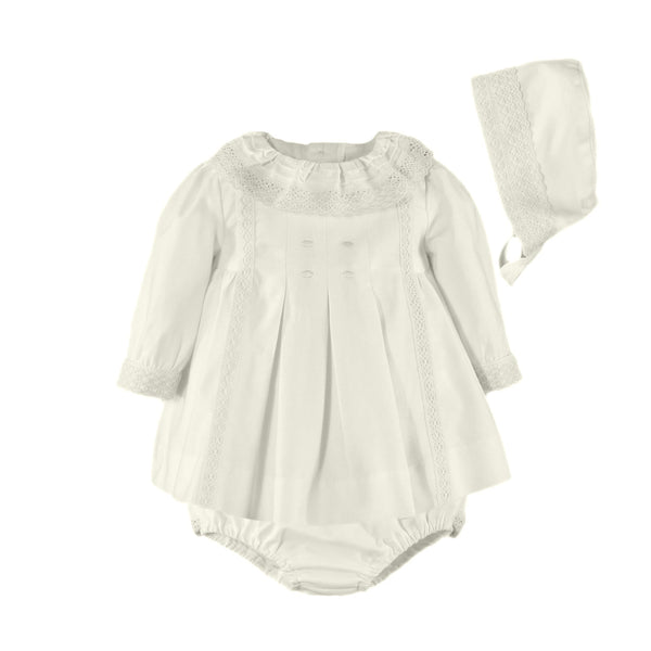 BABY GIRL IVORY DRESS WITH BONNET AND BLOOMER