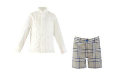 BOY SHIRT WITH POCKETS AND BLUE PLAID SHORT PANTS