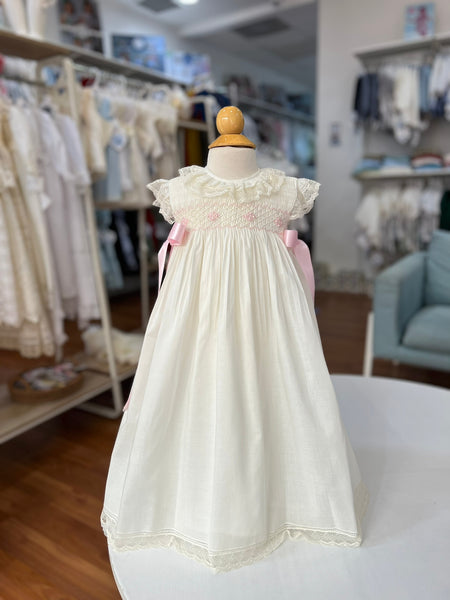 CLASSIC PUNTO SMOCK IVORY LONG DRESS WITH BONNET