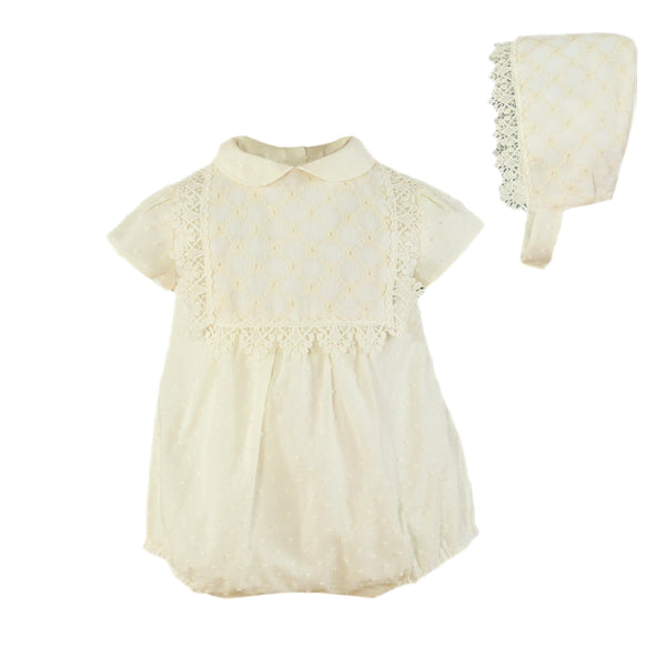 IVORY WITH LACE DETAILS BABY BOYS ROMPER WITH BONNET
