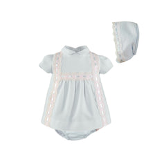 GIRLS PIQUE AND RIBBON DETAILS DRESS WITH BONNET SET