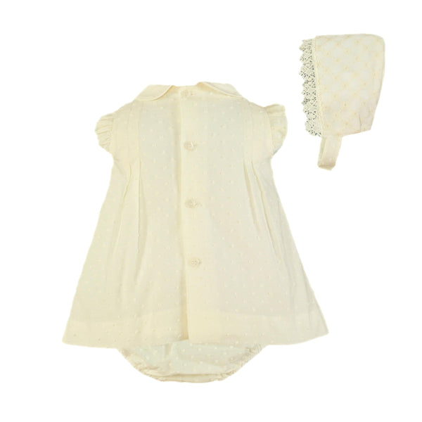IVORY WITH LACE DETAILS BABY GIRLS SHORT DRESS WITH BONNET