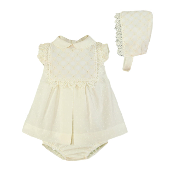 IVORY WITH LACE DETAILS BABY GIRLS SHORT DRESS WITH BONNET
