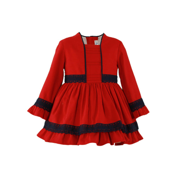 GIRL LONG SLEEVE WITH MARINE DETAIL RED SHORT DRESS