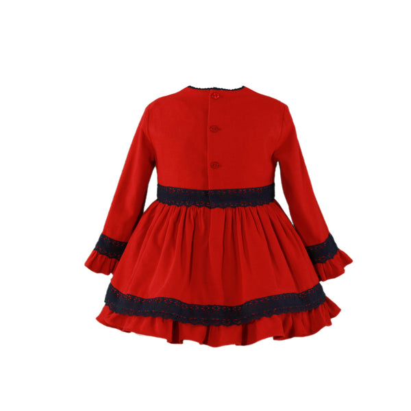 GIRL LONG SLEEVE WITH MARINE DETAIL RED SHORT DRESS