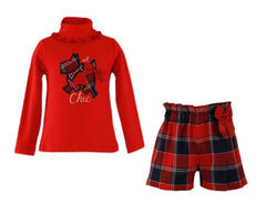 GIRL RED TURTLE NECK AND PLAID SHORT PANTS