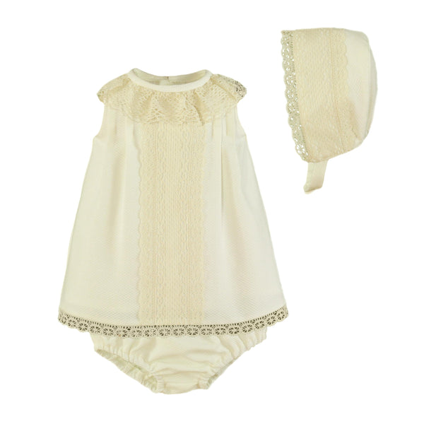 PIQUE DRESS WITH LACE DETAIL BONNET AND BLOOMERS FOR BABY GIRLS