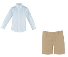 Boys long sleeve light blue shirt with beige short pants set