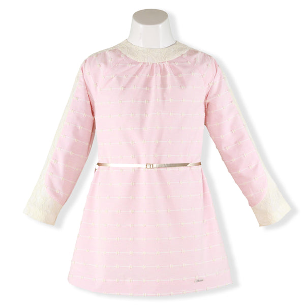 Girls long sleeve pink dress with gold belt