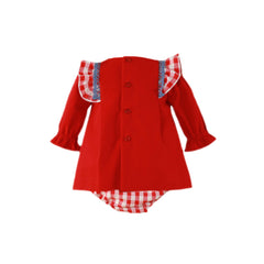 BABY GIRL BEAR PRINT LONG SLEEVE RED DRESS WITH PLAID BLOOMER