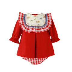 BABY GIRL BEAR PRINT LONG SLEEVE RED DRESS WITH PLAID BLOOMER