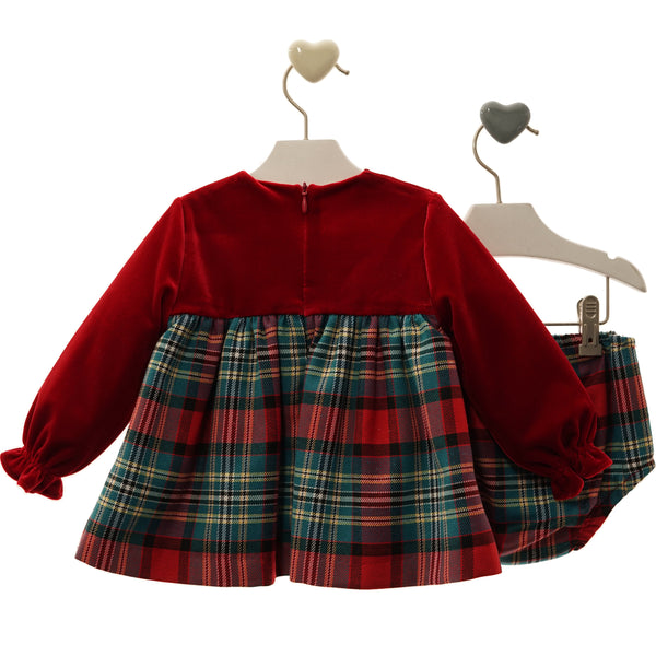 BABY GIRL LONG SLEEVE RED VELVET AND PLAID SHORT DRESS WITH BLOOMER VALENTINO