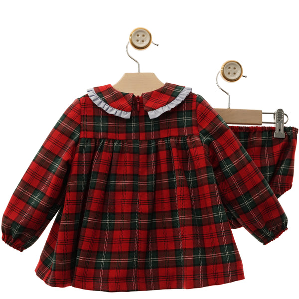 GIRL RED PLAID LONG SLEVE SHORT DRESS WITH BLOOMER MICKEY SET