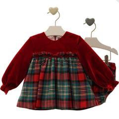 BABY GIRL LONG SLEEVE RED VELVET AND PLAID SHORT DRESS WITH BLOOMER VALENTINO