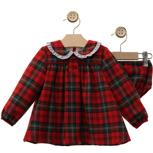 GIRL RED PLAID LONG SLEVE SHORT DRESS WITH BLOOMER MICKEY SET