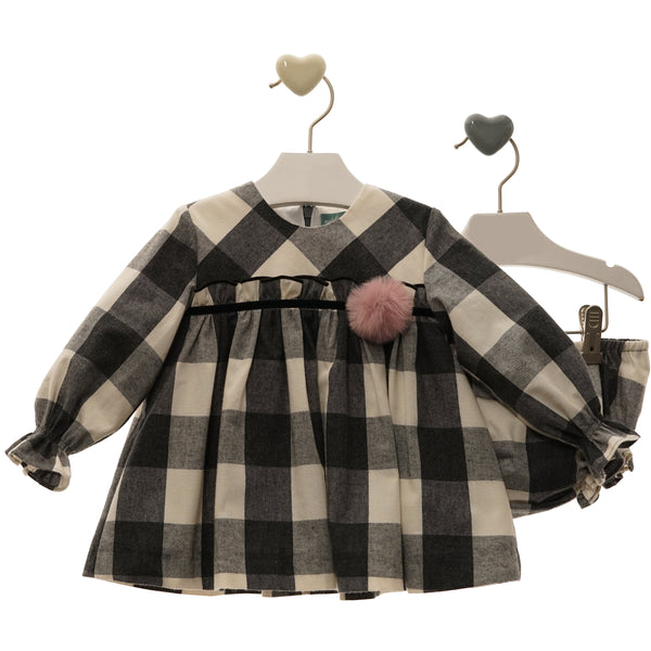 BABY PLAID LONG SLEEVE AND POMPOM SHORT DRESS WITH BLOOMER FRANCESCO SET